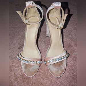 Pink velvet chunky heels